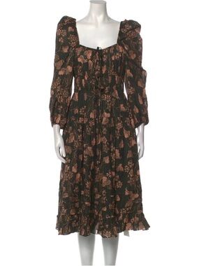 Ulla Johnson Dark Green Midi Dress with Rust Floral Print